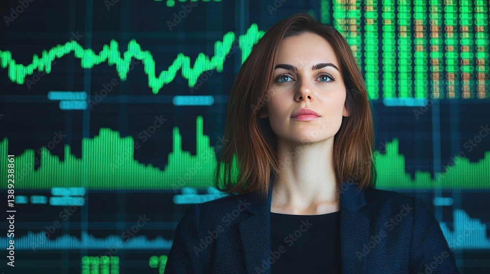 Green stock market chart analysis with business success concept. Confident businesswoman in front of stock market data. Green stock market chart analysis with business success concept. Confident businesswoman in front of stock market data.