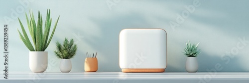 Modern home office design with plants and a minimalist device