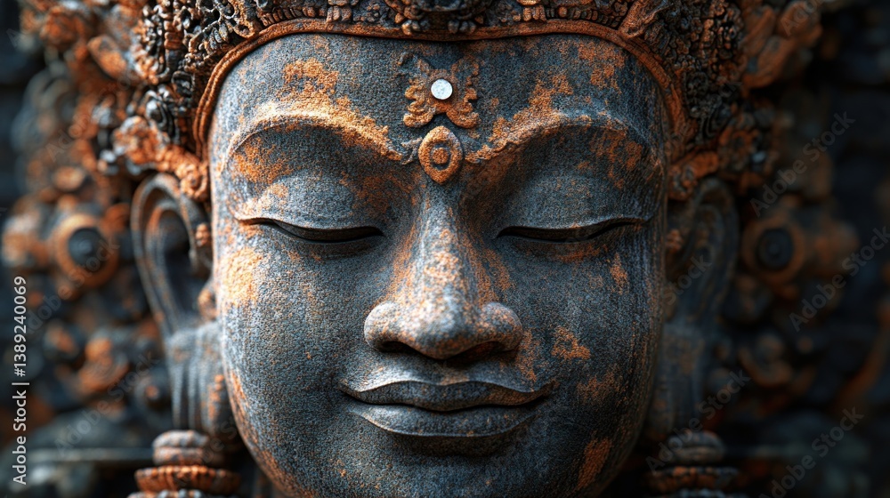Ancient weathered statue face, serene meditation, temple, Bali Ancient weathered statue face, serene meditation, temple, Bali