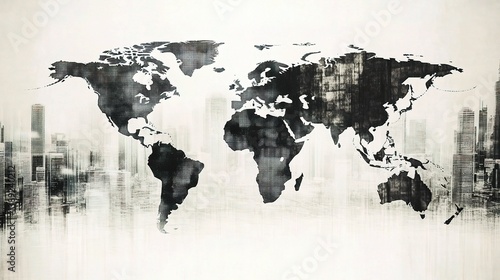 Wallpaper Mural Double Exposure World Map with Urban City Silhouette Artistry Torontodigital.ca