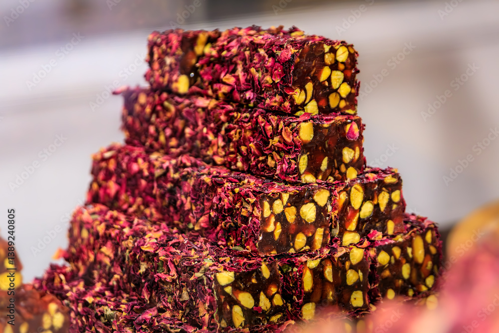 Turkish delight or rahat lokum candy at a bazaar market, Istanbul, Turkey