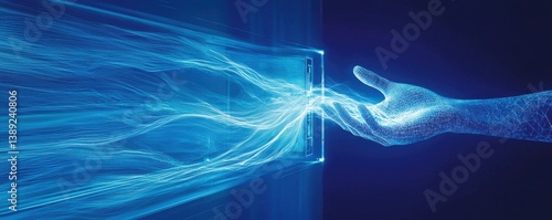 Digital hand connects with glowing lines in a futuristic blue design