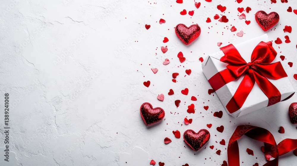 Arranging Gift with Red Hearts and Ribbon on White Textured Surface Arranging Gift with Red Hearts and Ribbon on White Textured Surface