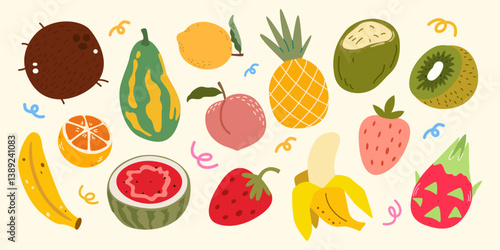Collection of colorful summer fruits illustration. Coconut, strawberry, papaya, banana, kiwi, peach, watermelon, lemon. Organic fresh tropical food. Fruits vector illustration in cartoon retro style