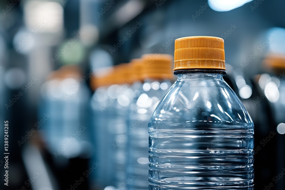 Focused view of clear water bottles with orange tops in a high-tech bottling environment with foreground highlight : Generative AI Focused view of clear water bottles with orange tops in a high-tech bottling environment with foreground highlight : Generative AI