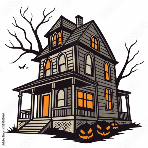 halloween background with house and pumpkin Haunted House with Glowing Jack-o'-Lanterns – Spooky Halloween Vector Design