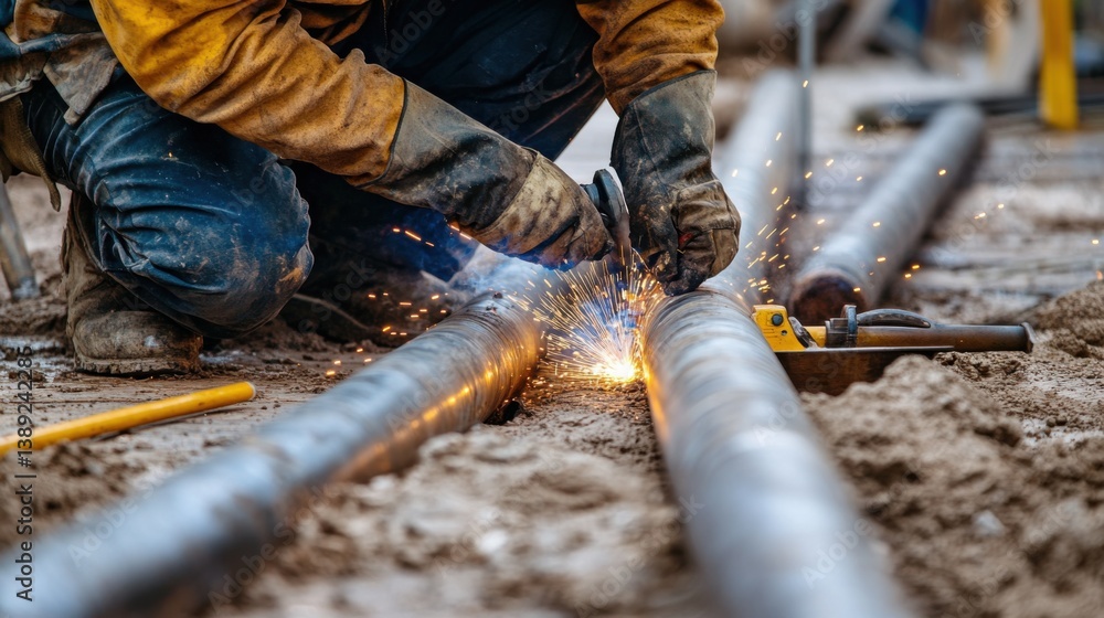 A welder working on steel pipes at a construction site. Featuring precision and skill A welder working on steel pipes at a construction site. Featuring precision and skill