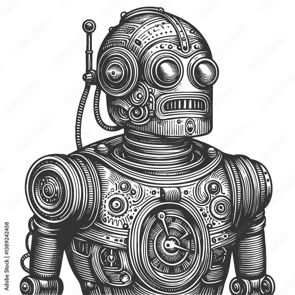 Φωτογραφία steampunk robot featuring mechanical gears, pipes, and a vintage-style top hat with ornate details sketch engraving generative ai raster illustration