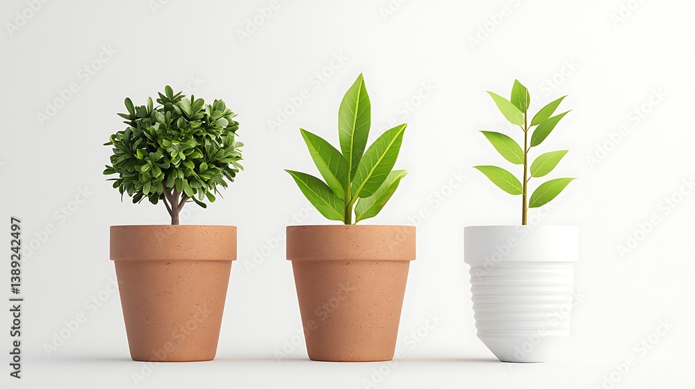 Three potted plants in terracotta and white pots, showcasing different types of greenery against a clean, minimalistic background. Three potted plants in terracotta and white pots, showcasing different types of greenery against a clean, minimalistic background.