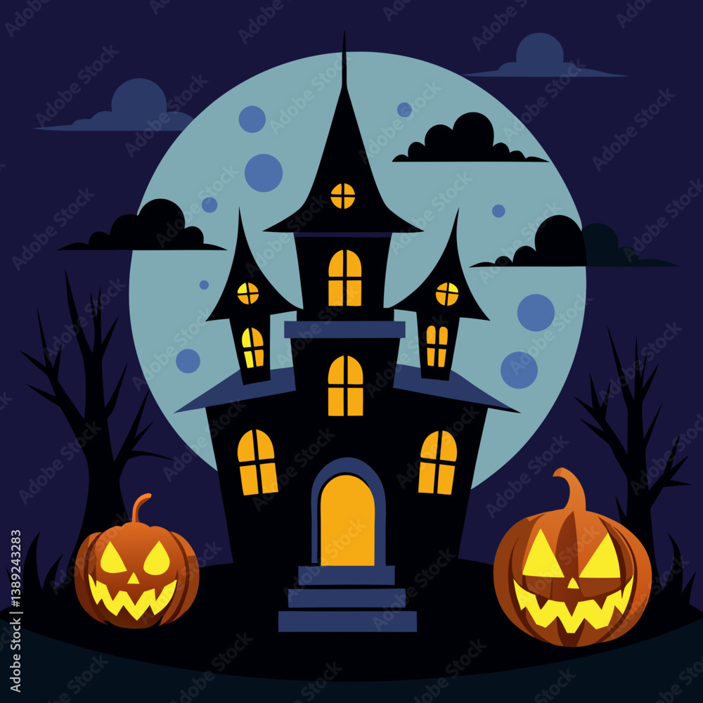 Fototapeta premium halloween background with house and pumpkin Haunted House with Glowing Jack-o'-Lanterns – Spooky Halloween Vector Design