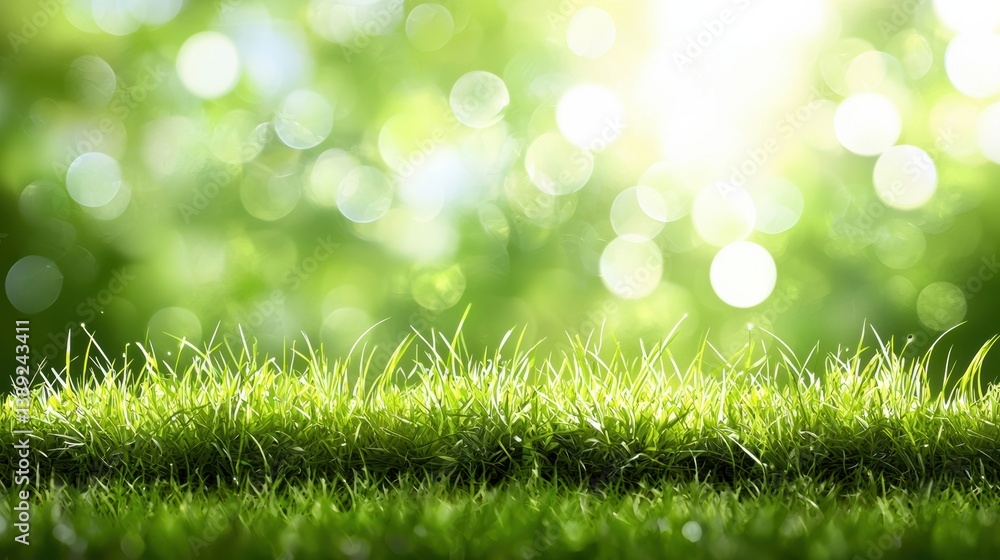 Obraz premium Lush green grass illuminated by soft sunlight, creating a serene and vibrant atmosphere that connects with nature's beauty.