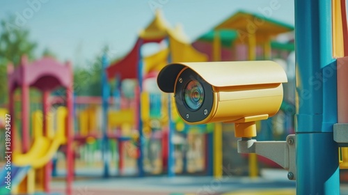 Bright Yellow Security Camera Overlooking Colorful Playground Area