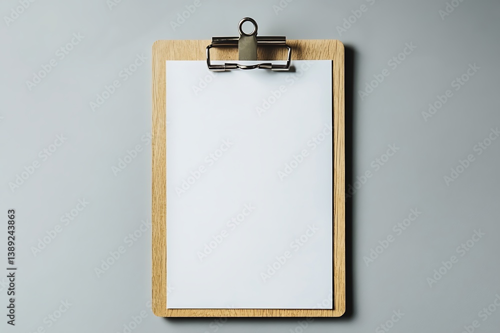Blank White Paper on Wooden Clipboard with Metal Clip on Gray Background Blank White Paper on Wooden Clipboard with Metal Clip on Gray Background