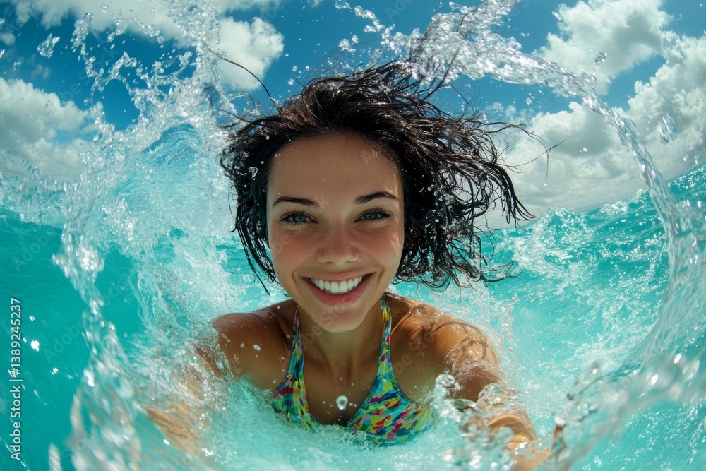 Fototapeta premium Pretty happy and sexy young woman with gorgeous thick short black hair in multi-color tight t-shirt enjoying turquoise sea, splashes around her. Hot summer beach scene. Bright Ñommercial style.