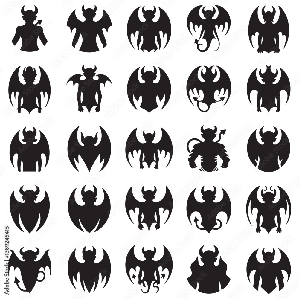 Fototapeta premium Demon devil and hell silhouettes set, large pack of Silhouette Vector Black Illustration. with white background