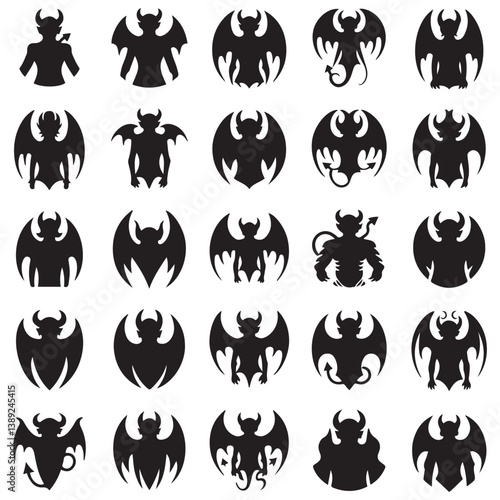 Demon devil and hell silhouettes set, large pack of Silhouette Vector Black Illustration. with white background