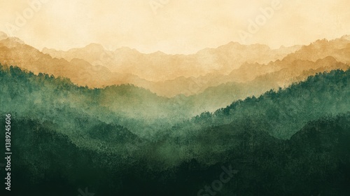 Misty mountain range panorama.  Layers of hazy, golden hills, veiled in green forest