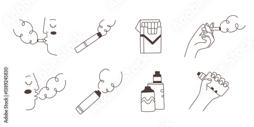 Cartoon doodle icons. Design elements for no smoking, no vaping signs. Vector illustrations of cigarettes and vapes. 