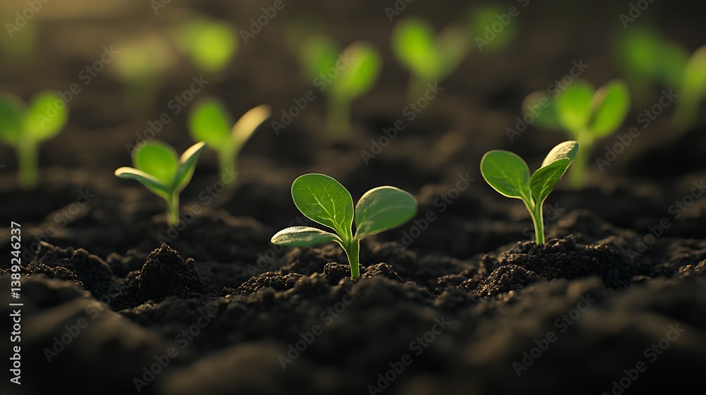 Fototapeta premium Close up of young green plants emerging from rich dark soil in a beautiful garden : Generative AI