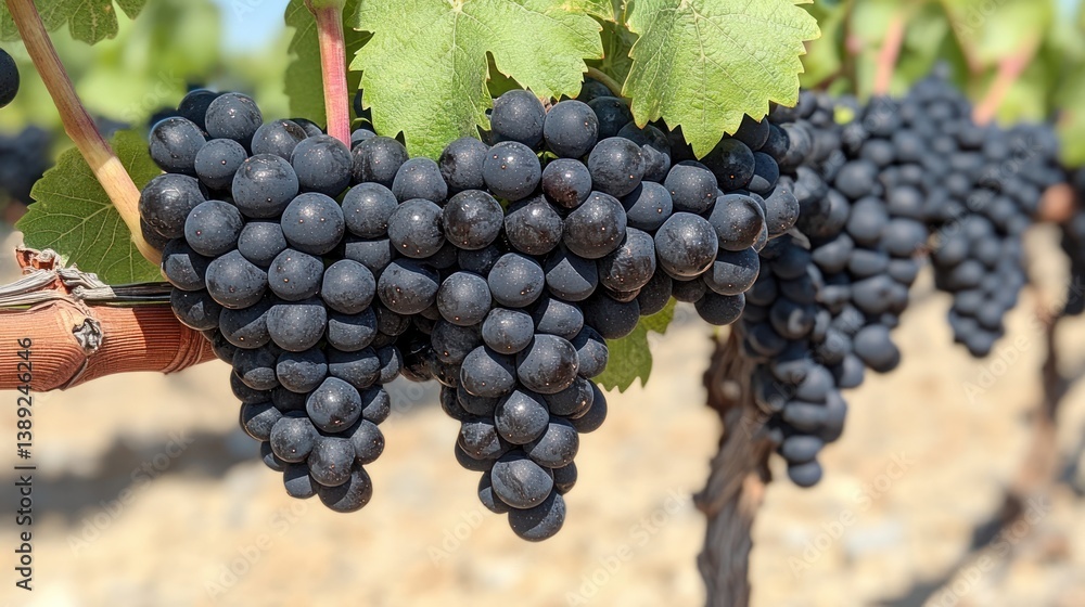 Naklejka premium Bunches of dark grapes on vine