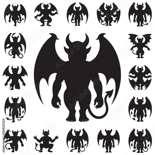 Demon devil and hell silhouettes set, large pack of Silhouette Vector Black Illustration. with white background
