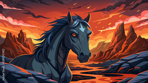 Black horse portrait dramatic volcanic landscape with raw textures, dynamic black horse vector in a fiery terrain