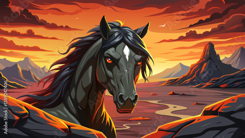 Black horse portrait dramatic volcanic landscape with raw textures, dynamic black horse vector in a fiery terrain