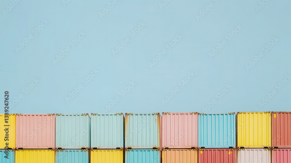 Fototapeta premium Colorful cargo containers stacked against blue background create vibrant and organized scene