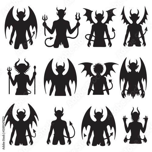 Demon devil and hell silhouettes set, large pack of Silhouette Vector Black Illustration. with white background