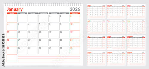 Calendar 2026 planner template. Week start on Sunday. Set of 12 months. Vector illustration