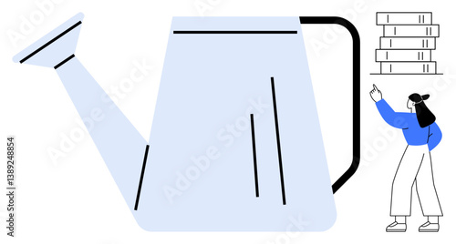 Watering can next to woman in blue pointing at books symbolizing nurturing ideas, education, growth. Ideal for learning, self-improvement, motivation, creativity, sustainability, teamwork flat