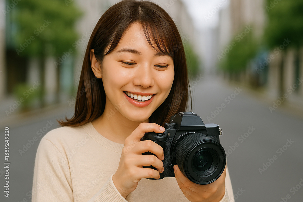 ストリートフォトを楽しむ若い女性 ストリートフォトを楽しむ若い女性