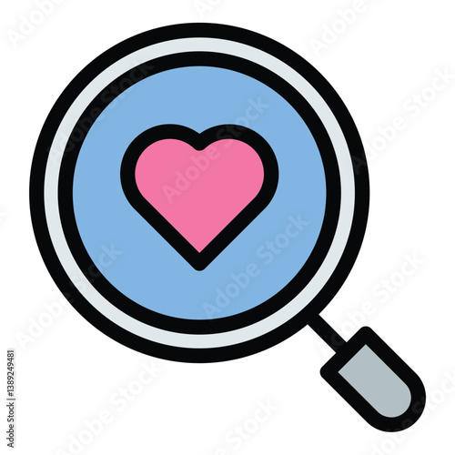 Love search icon flat line style illustration representing the quest for romantic connection and dating exploration, suitable for matchmaking apps, relationship services, and Valentines Day promotions
