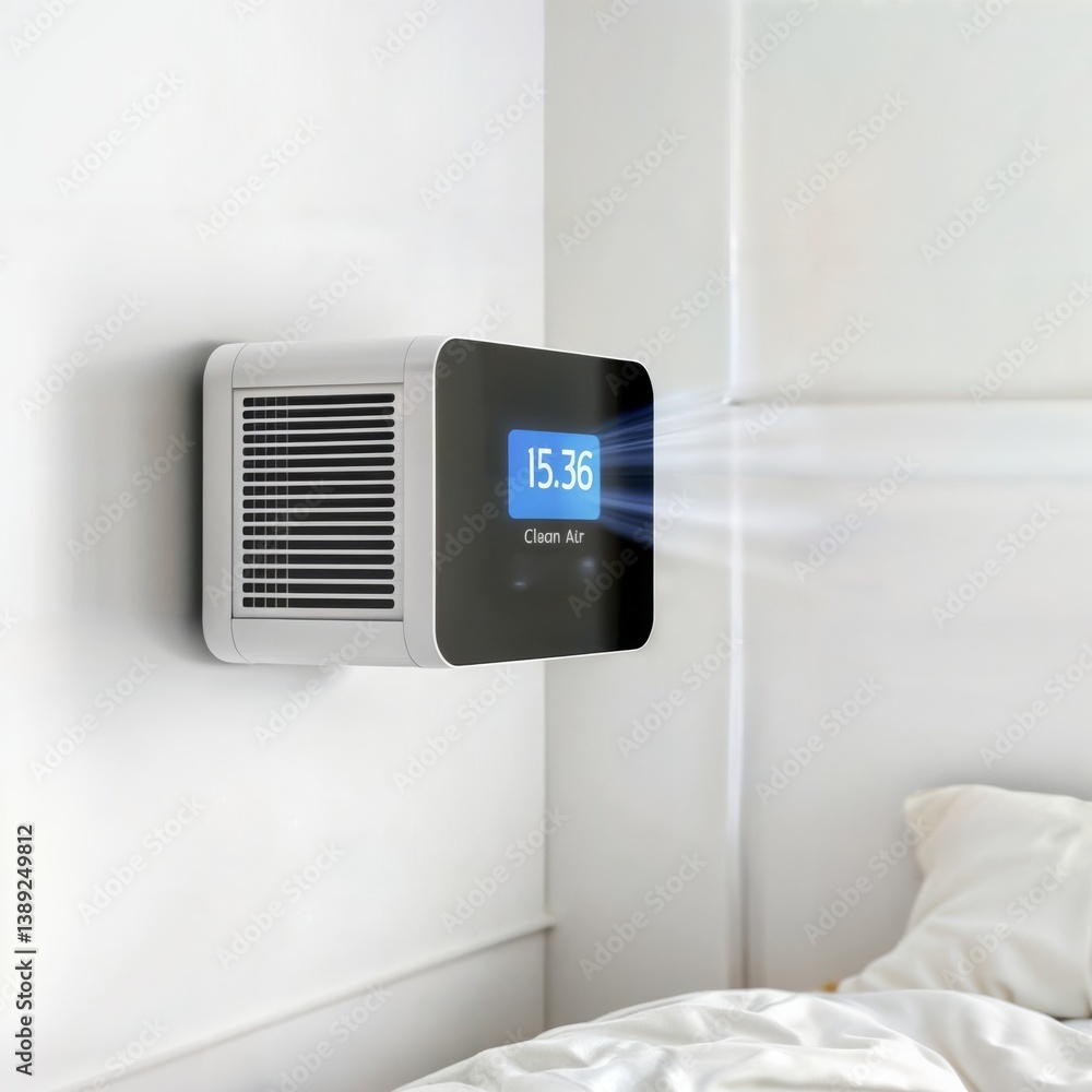 Wall-mounted air purifier. A white air purifier with a digital display showing air quality is mounted on a white bedroom wall.