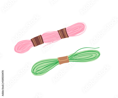 Embroidery threads in pink and green colors. Vector illustration of colorful floss skeins used for handcraft, needlework, and DIY projects. Ideal for hobby and textile design concepts