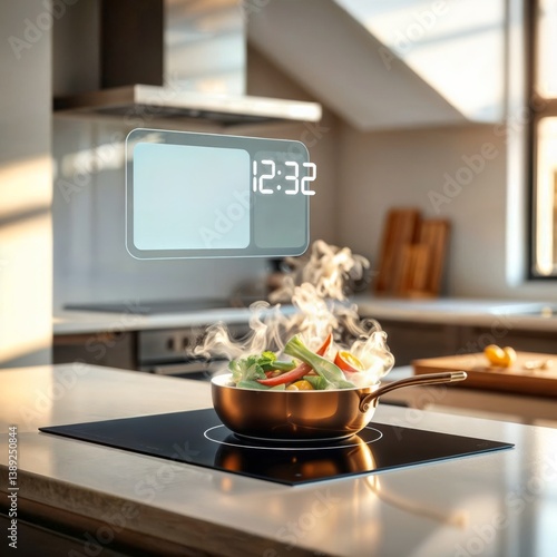Obraz na płótnie Steaming vegetables on induction. Frying pan with steaming vegetables on modern induction cooktop in kitchen. w salonie
