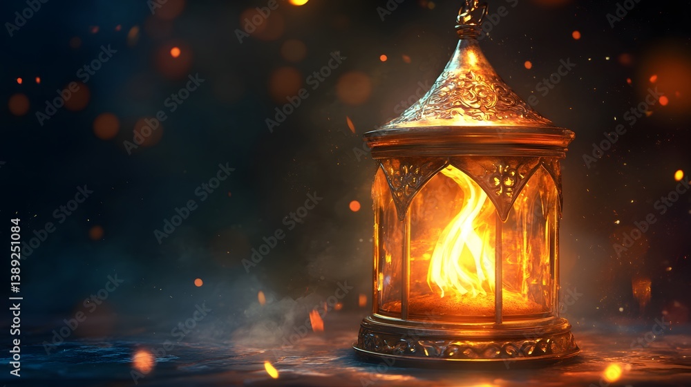 Ornate lantern glows, dark mystical scene Ornate lantern glows, dark mystical scene