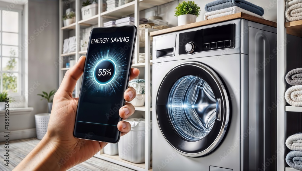Energy saving washing machine. Hand holding phone displaying energy saving app near washing machine.