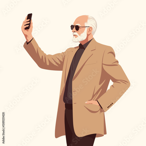 Elderly man taking a selfie in stylish attire against a neutral background  