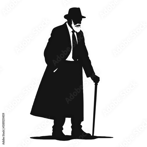 Elderly man leaning on cane in silhouette against a plain background  