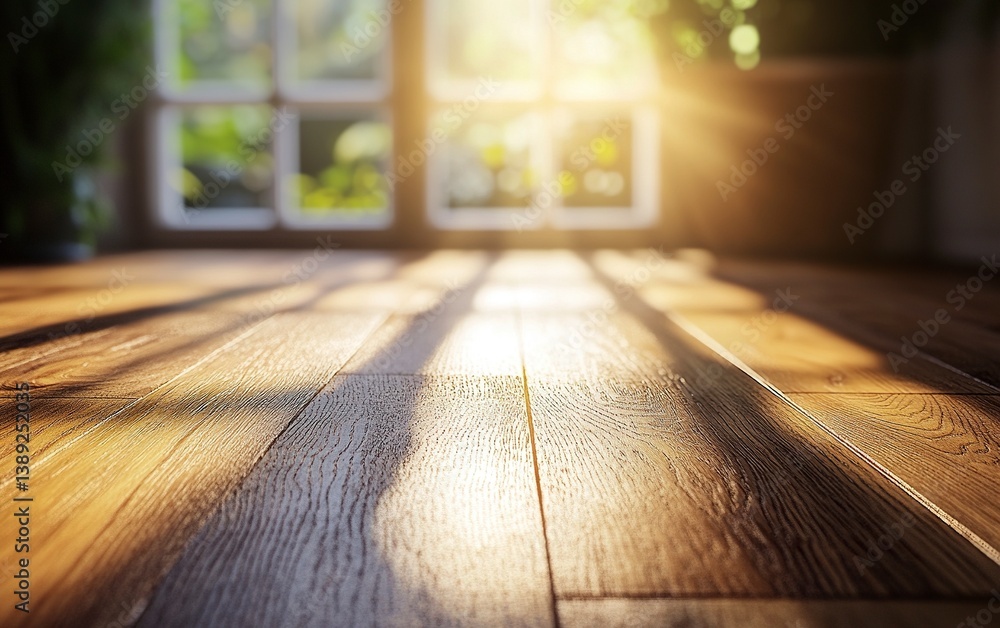 A close-up of an oak wooden floor in the interior, with a blurred background. Sunlight shines through the window onto the wood, creating beautiful light and shadow effects. The photo was taken. A close-up of an oak wooden floor in the interior, with a blurred background. Sunlight shines through the window onto the wood, creating beautiful light and shadow effects. The photo was taken.