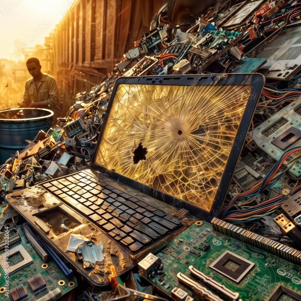 Broken laptop on the dump. Damaged laptop with a broken screen on a pile of electronic waste and a man on the background.