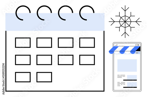 Monthly calendar beside winter snowflake and e-commerce mobile interface. Ideal for scheduling, winter sales, online shopping, holiday planning, seasonal offers, business organization, e-commerce