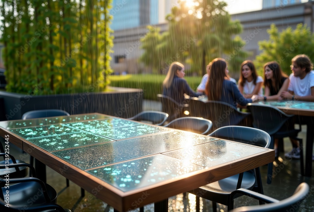 Illuminated restaurant tables. Modern outdoor dining tables with glowing turquoise surfaces in light rain, with people gathered at nearby table during sunset.