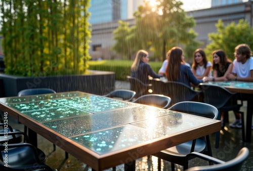 Obraz na płótnie Illuminated restaurant tables. Modern outdoor dining tables with glowing turquoise surfaces in light rain, with people gathered at nearby table during sunset. w salonie