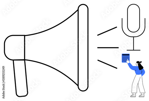 Large megaphone and floating microphone with small character holding a laptop, symbolizing broadcasting. Ideal for communication, marketing, podcasting, public speaking, media, technology, voice