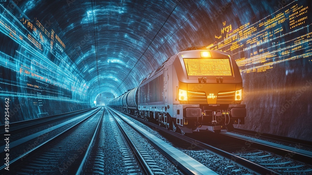 Fototapeta premium Cargo Train Emerging From Tunnel with Digital Background Effects