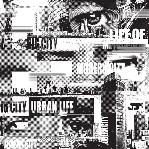 Abstract seamless pattern with newspaper headlines, cityscapes and human eye. Chaotic vector background on the theme of urban life in grunge style. Wallpaper, wrapping paper, fabric design, t-shirt