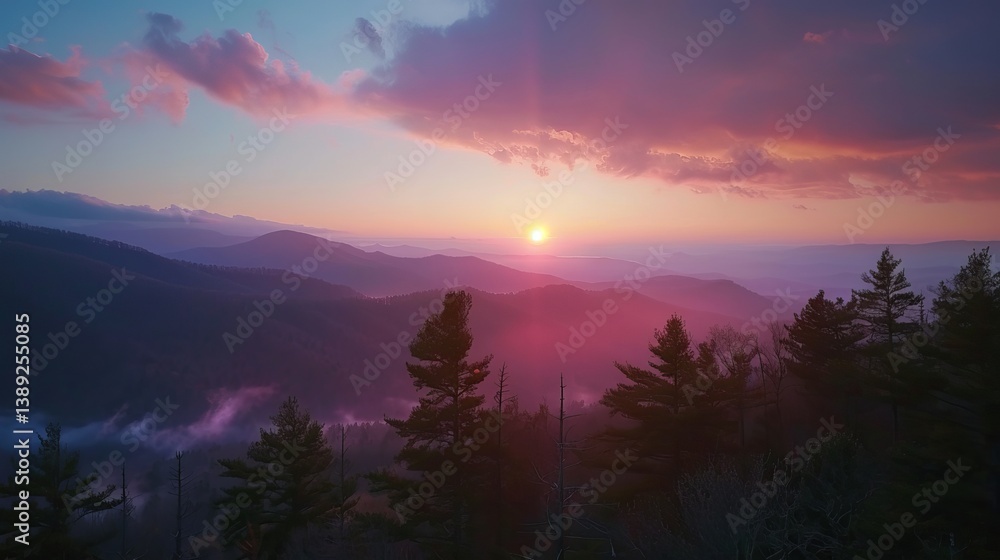 Stunning smoky mountain sunset with vibrant colors over rolling hills and misty atmosphere