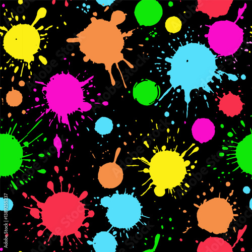 A pattern of multi-colored splashes and blots of paint on a black background in grunge style. Drawn with brush strokes, splashes, blots.